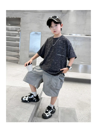 Summer Suit for Boy with Shorts Two Piece Clothing Set Kids Child Cotton Top and Bottom Clothes Set Casual Outfit Tracksuit 5-14