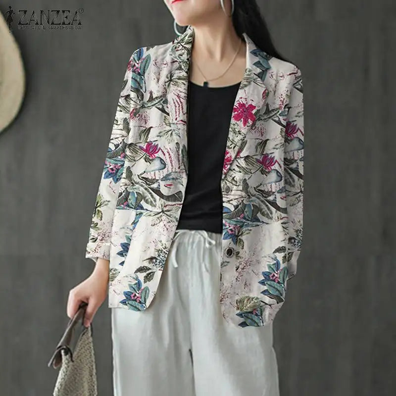 Women Cotton Blazer Vintage Lapel Neck Long Sleeve Thin Coats Autumn Elegant Work Suit Retro Floral Printed Loose Outwear