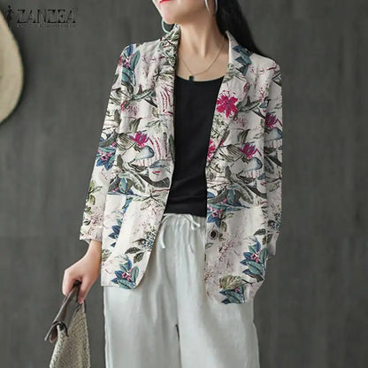Women Cotton Blazer Vintage Lapel Neck Long Sleeve Thin Coats Autumn Elegant Work Suit Retro Floral Printed Loose Outwear