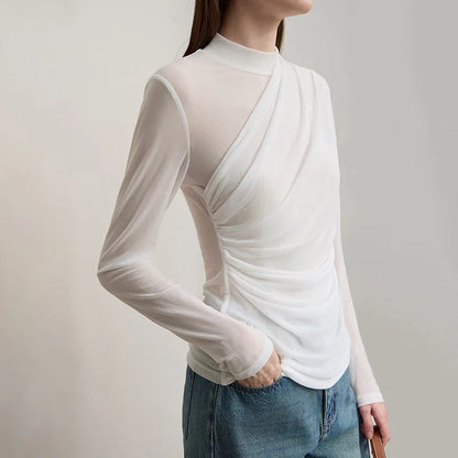 T Shirts Women 2025 Autumn New O-Neck Slim Versatile Lady Knitted Tops Long Sleeve Sexy See-through Mesh T-shirt 12543162