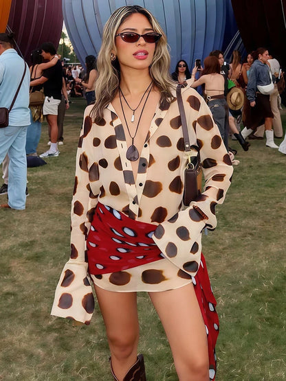 Music Festival Silk Scarf Strap Patchwork Dress Women Sexy Single-Breasted Full Sleeve Polka Dot Print Hottie Bodycon