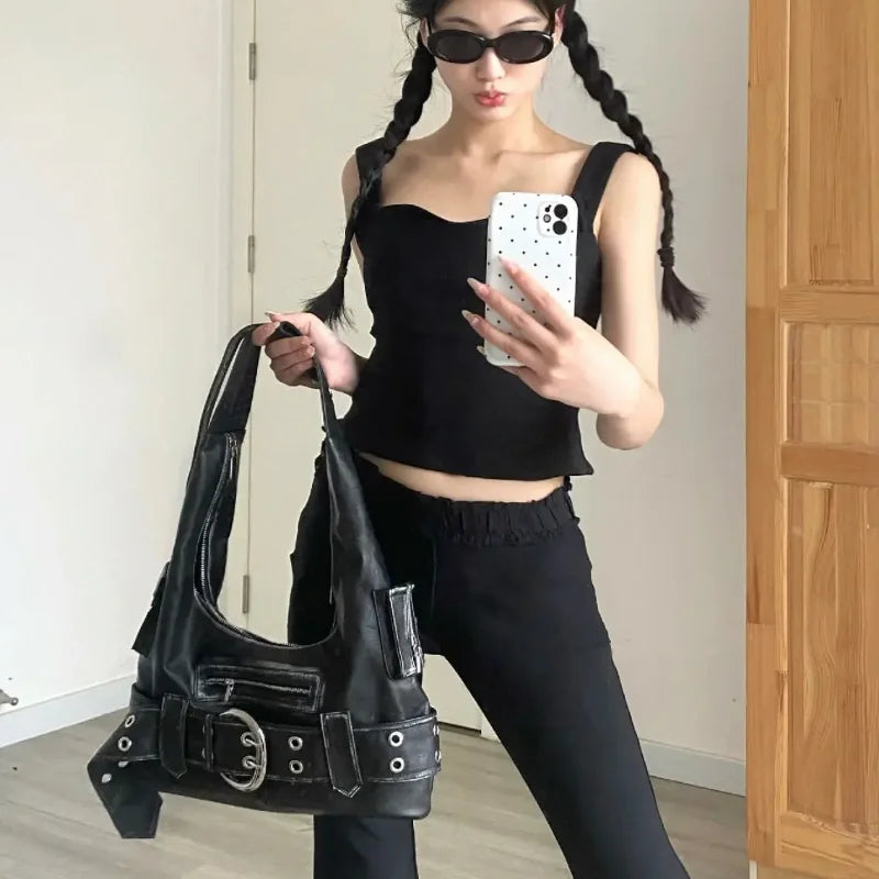 Belt buckle Women Luxury Designer Handbag And Purses PU Rivet Multiple Pockets Y2K Large Capacity Shoulder bags big totes