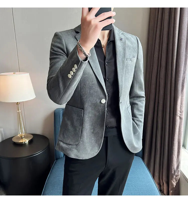 High-quality, fashionable men's stylish, versatile and trendy Korean-style slimming suede business casual suit