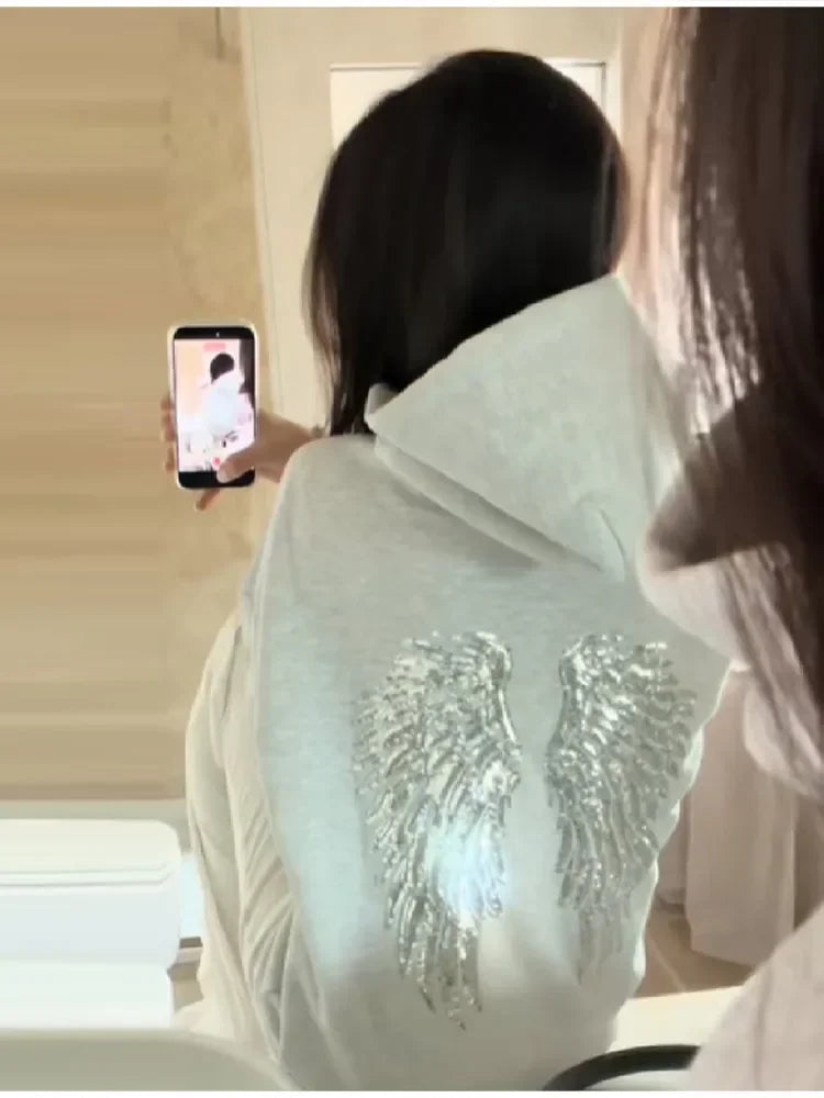 Sequin Angle Wings Hoodie Pullover For Women Loose Solid Hooded Sweatsuit 2025 New Lady Autumn Winter Outwears