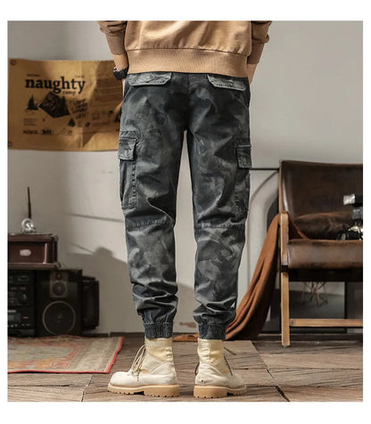 Length Men's Cargo Pant Cotton Stretch Casual Camouflage Trouser Male Camo Cuff Jogger Multi Zip Pocket Outfit Zipper Tied
