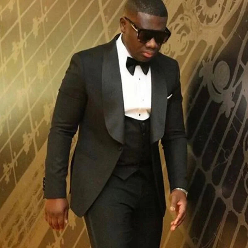 Black Business Party Men Suit Three Piece Jacket Pants Vest Shawl Lapel One Button Custom Made Wedding Groomsmen Tuxedos