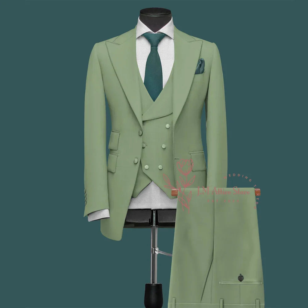 Light Green Men’s Suit Slim Fit Peak Lapel Jacket Double Breasted Vest Pants Wedding Formal 3 Piece Party Set For Groomsmen
