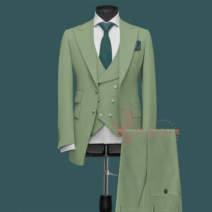 Light Green Men’s Suit Slim Fit Peak Lapel Jacket Double Breasted Vest Pants Wedding Formal 3 Piece Party Set For Groomsmen