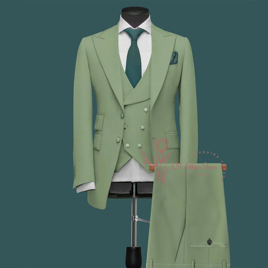 Light Green Men’s Suit Slim Fit Peak Lapel Jacket Double Breasted Vest Pants Wedding Formal 3 Piece Party Set For Groomsmen