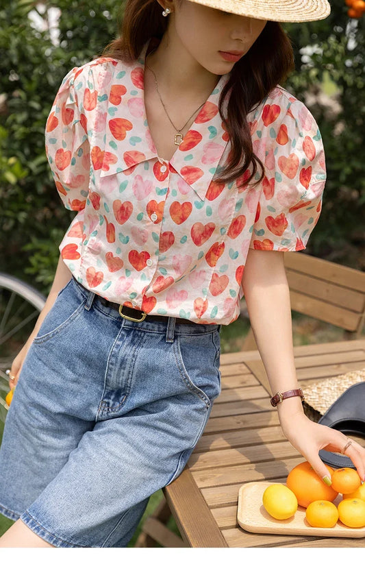 Korean Chic Fashion Women Stylish Blouses Summer French Sweet Retro Floral Polo-neck Puff Sleeves Tops MXB27C0450
