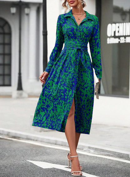 Elegant Random Print Button Down Shirt Dress Women's Long Sleeve Belted Waist Midi Dress Spring Fall Office Casual Dress