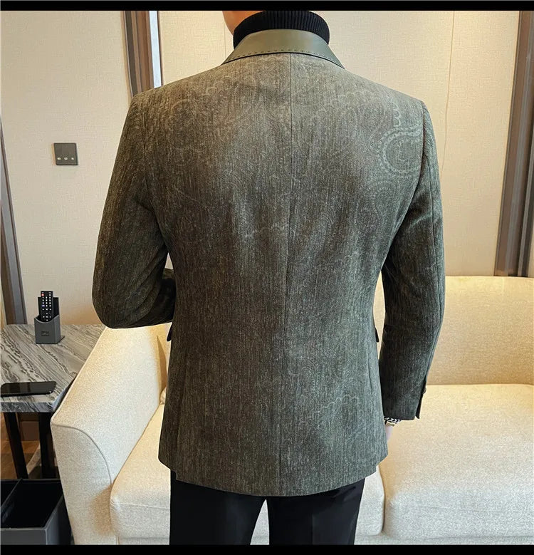 2025 Fashion Leather Neck Spliced Suit Jacket Luxury Men's Business Slim Fit Social Formal Blazers Coats Wedding Groom Tuxedos
