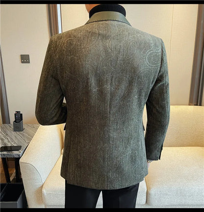 2025 Fashion Leather Neck Spliced Suit Jacket Luxury Men's Business Slim Fit Social Formal Blazers Coats Wedding Groom Tuxedos