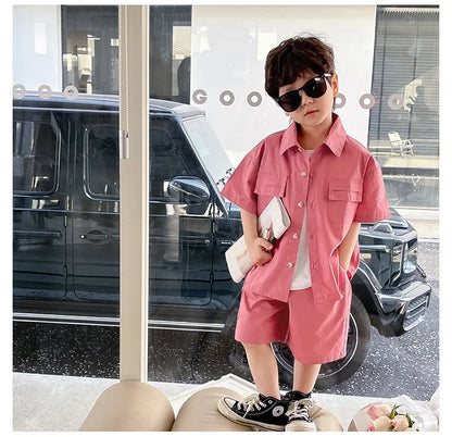 Summer Baby Boys Cotton Stylish Plain Pink Short Sleeve Shirt Top+Shorts Pant Set Kids 2PCS Suit Children Vacation Outfit 1-8Yr