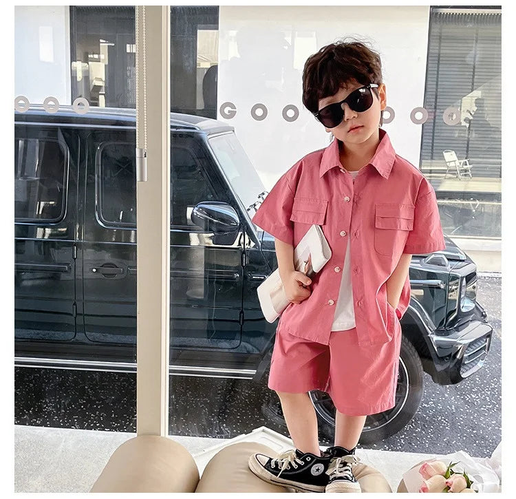 Summer Baby Boys Cotton Stylish Plain Pink Short Sleeve Shirt Top+Shorts Pant Set Kids 2PCS Suit Children Vacation Outfit 1-8Yr