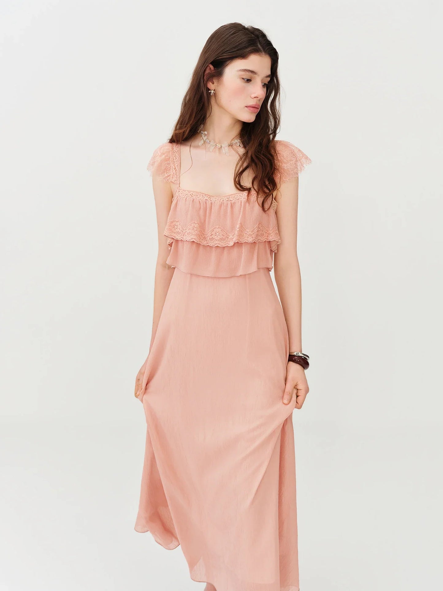 2026 Summer Women's Cap Sleeve Ruffle Hem Slip Dress, Slim Fit Flowy Maxi Dress for Y2K Coquette & Romantic Vacation Style