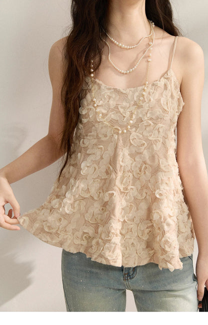 Women's Cherry Blossom Pink 3D Petal Camisole Tank Top 2026 Summer New Spaghetti Strap Ruffle Hem Inner Vest MXF16D2373
