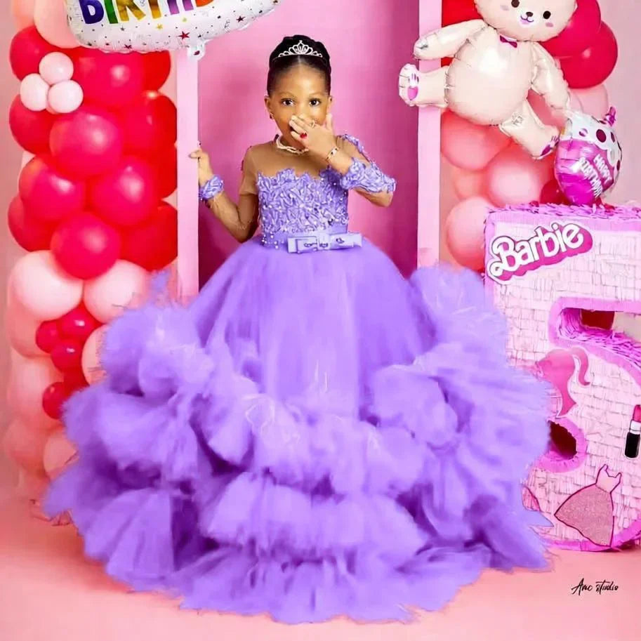 Fuchsia Princess Girls Birthday Party Dress Tiered Ruffles Long Sleeve Flower Girl Dresses for Wedding Kids Prom Gown Customized
