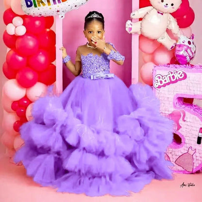 Fuchsia Princess Girls Birthday Party Dress Tiered Ruffles Long Sleeve Flower Girl Dresses for Wedding Kids Prom Gown Customized
