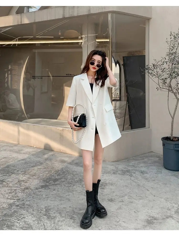 Korean Fashion Loose Thin Blazer Women Spring Autumn New Extra Large Mid Length Short Sleeved Women Coat Casual Outwear