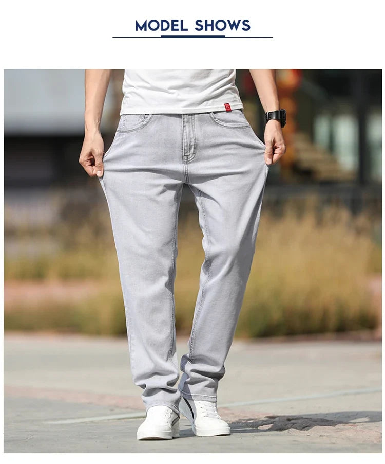2026 Summer Brand New Men's Straight Loose Thin Jeans Simple Casual Clothing Lightweight Cotton Stretch Light Grey Jeans