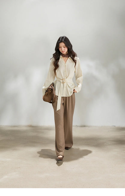 Women's Lapel Collar Long Sleeve Shirt 2026 Spring with Belted Waist Casual Loose Soft Beige Shirt Office Lady MXF13C2452