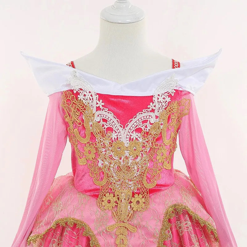 2026 Disney Sleeping Beauty Aurora Princess Dress Girl Cosplay Off Shoulder Kids Gifts Fancy Party Girl Baby Fine Lace Dress Set
