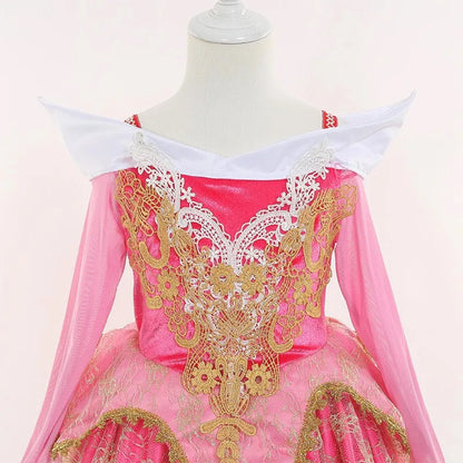 2026 Disney Sleeping Beauty Aurora Princess Dress Girl Cosplay Off Shoulder Kids Gifts Fancy Party Girl Baby Fine Lace Dress Set