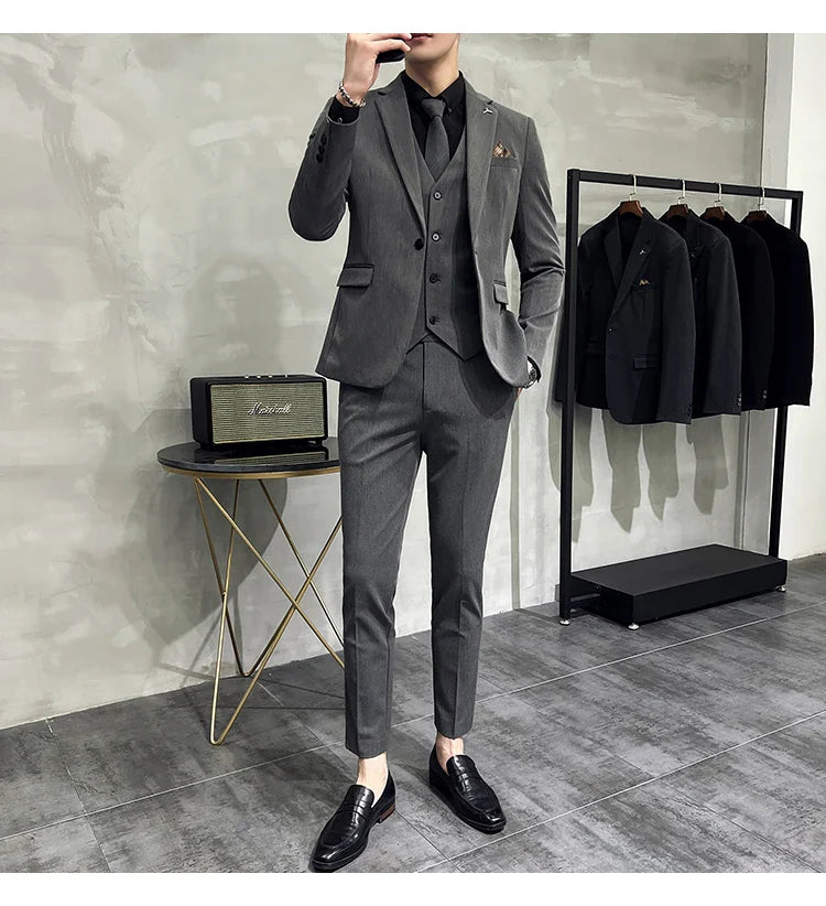 S-7XL Jacket Vest Pants Luxury Elasticity Boutique Fashion Men's Solid Color Casual Business Suit 3-piece Sets Groom Wedding