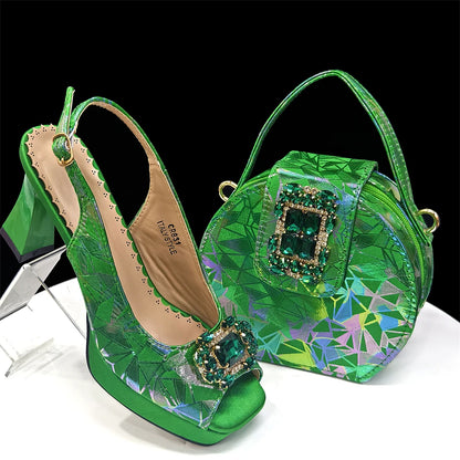 2025 Elegant Peep-Toe Heels for Women - Perfect Italian Party Shoes & Bag Set with Sparkling Diamond Accents