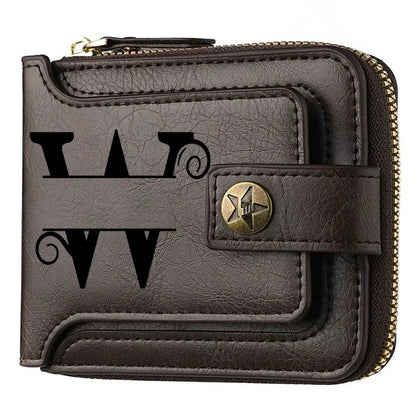 Portefeuille court en cuir PU personnalisé avec chaîne pour homme, portefeuille bifold marron élégant avec nom et texte gravés pour la Saint-Valentin et les anniversaires