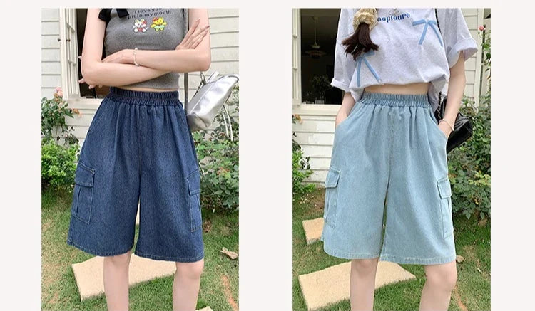 2026 Summer New Women's Denim Shorts Straight Trendy Loose Versatile Dad Shorts Thin Japanese Style Knee-length Pants