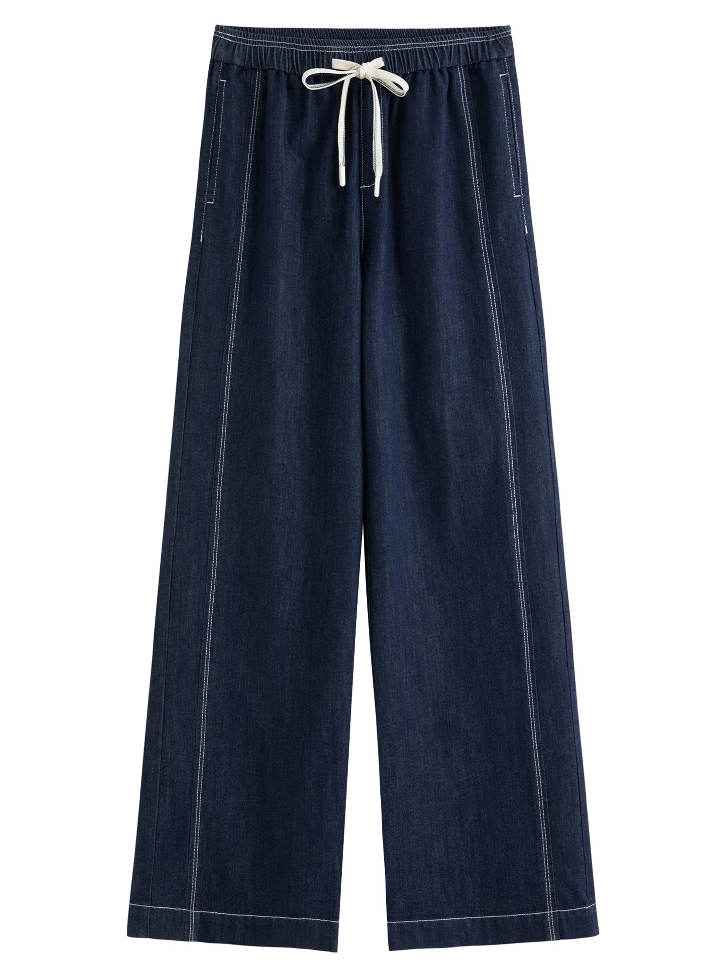 2026 Spring Women's Contrast Topstitching Straight Leg Jeans, Elastic Drawstring Waist Casual Pants for Y2K Street Style