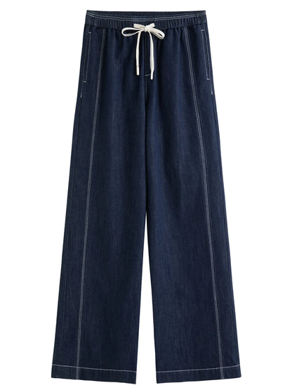 2026 Spring Women's Contrast Topstitching Straight Leg Jeans, Elastic Drawstring Waist Casual Pants for Y2K Street Style