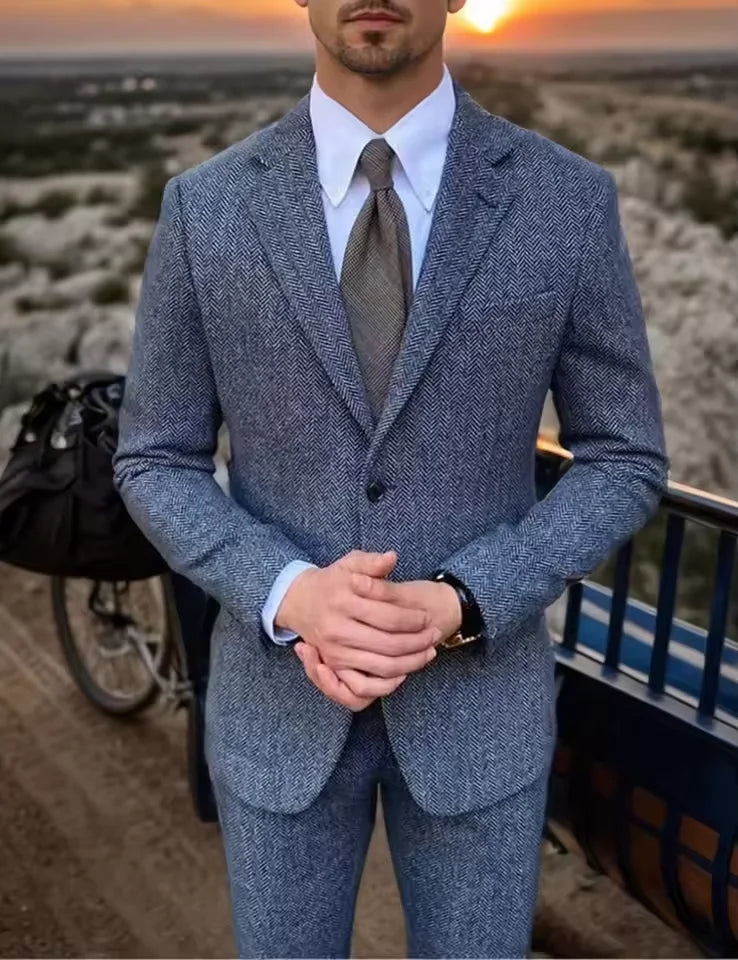 Retro British Men Suit 2 pieces (Blazer+ Vest + Pants)Single Breasted Suit Jacket Formal Fashion Herringbone Wedding Business