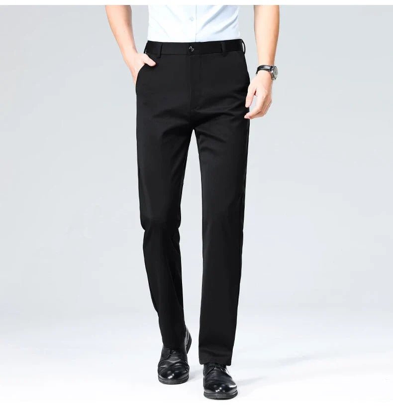High-stretch fabric men's business trousers suitable for all seasons, featuring an elastic waistband and classic office/work for
