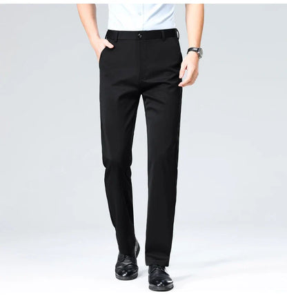 High-stretch fabric men's business trousers suitable for all seasons, featuring an elastic waistband and classic office/work for