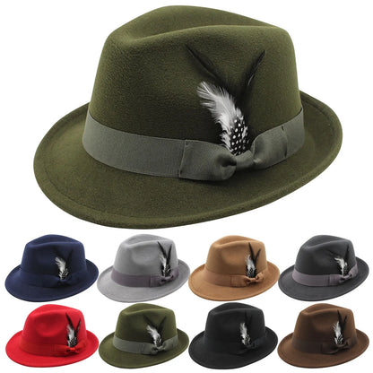 Vintage Fedora Hat Women Men Top Hat, Feather Felts Hat, Men's Jazz Hat European And American Gentleman Soft Woolen Hat