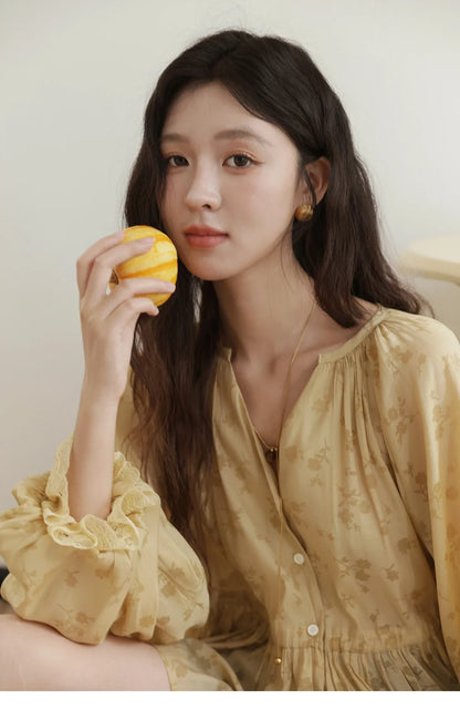 Elegant Woman Shirt 2025 Autumn Yellow Printing Lantern Sleeves Shirt Commute Drawstring Waist Lace Trim Top MXE45X2499