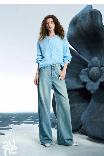 Women Denim Jeans 2025 Spring New Acetate Wide Leg Mid Low Waist Slim Fit Straight Wide Leg Pants