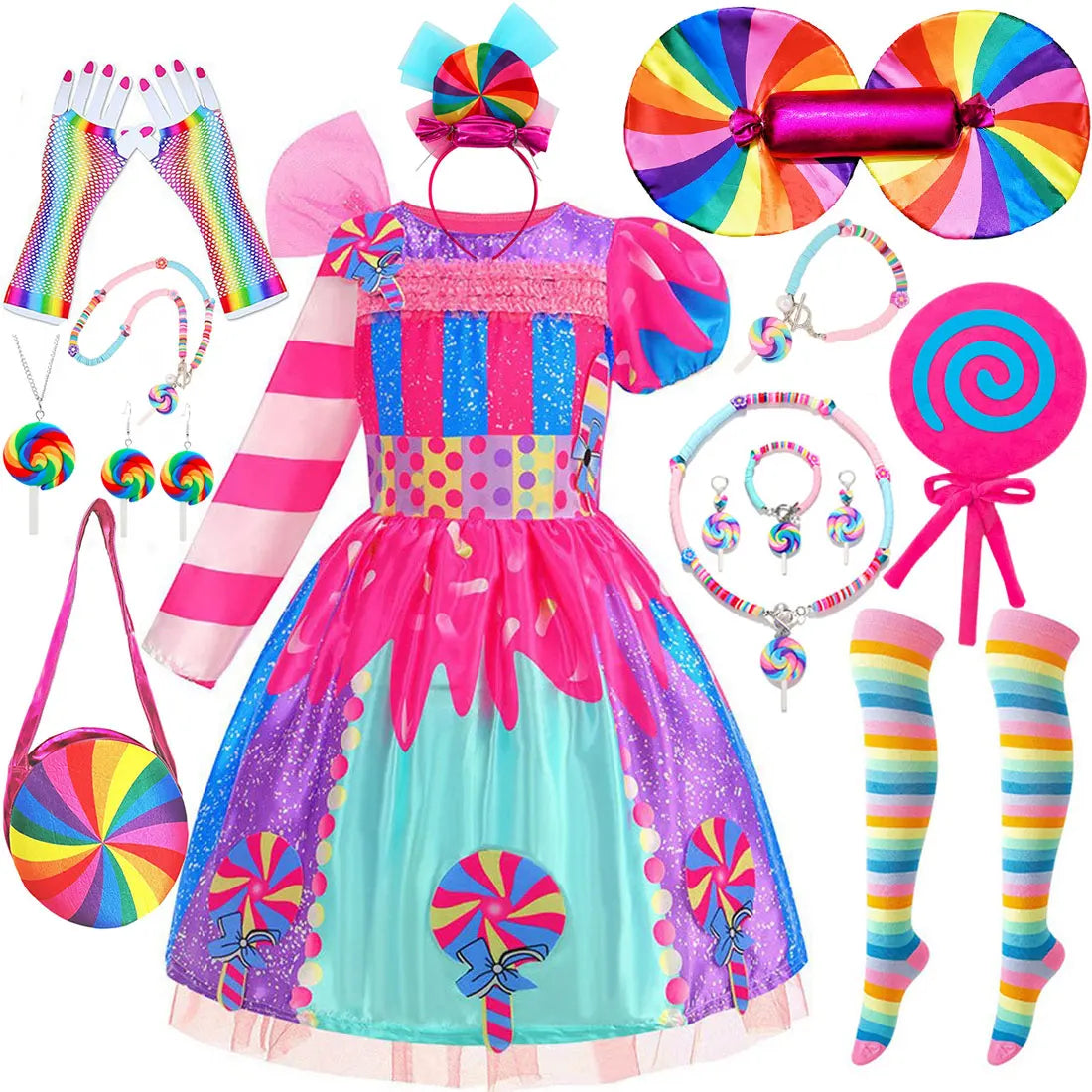 Purim Girls Rainbow Vestidos Candy Fairy Lollipop Cosplay Costume Toddler Girls Birthday Party Carnival Long Short Sleeves Dress