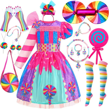 Purim Girls Rainbow Vestidos Candy Fairy Lollipop Cosplay Costume Toddler Girls Birthday Party Carnival Long Short Sleeves Dress