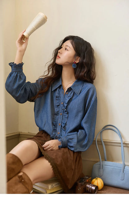 Blue Lyocell Imitation Denim Shirt for Women Autumn 2025 Ruffled Placket Contrasting Button Waist Cinc Shirt MXE43C2386