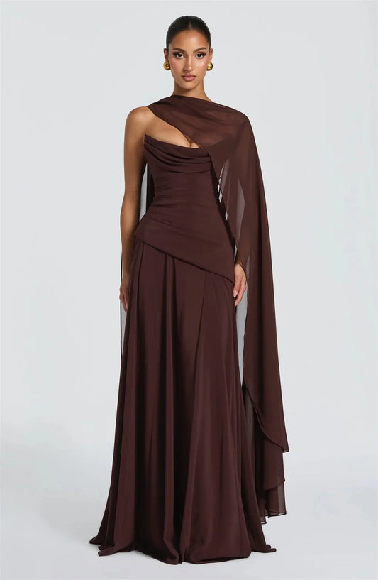 Customized Brown Strapless Elegant Evening Dress chiffon Cape Draping robes de soirée Formal Event Dress Floor Length