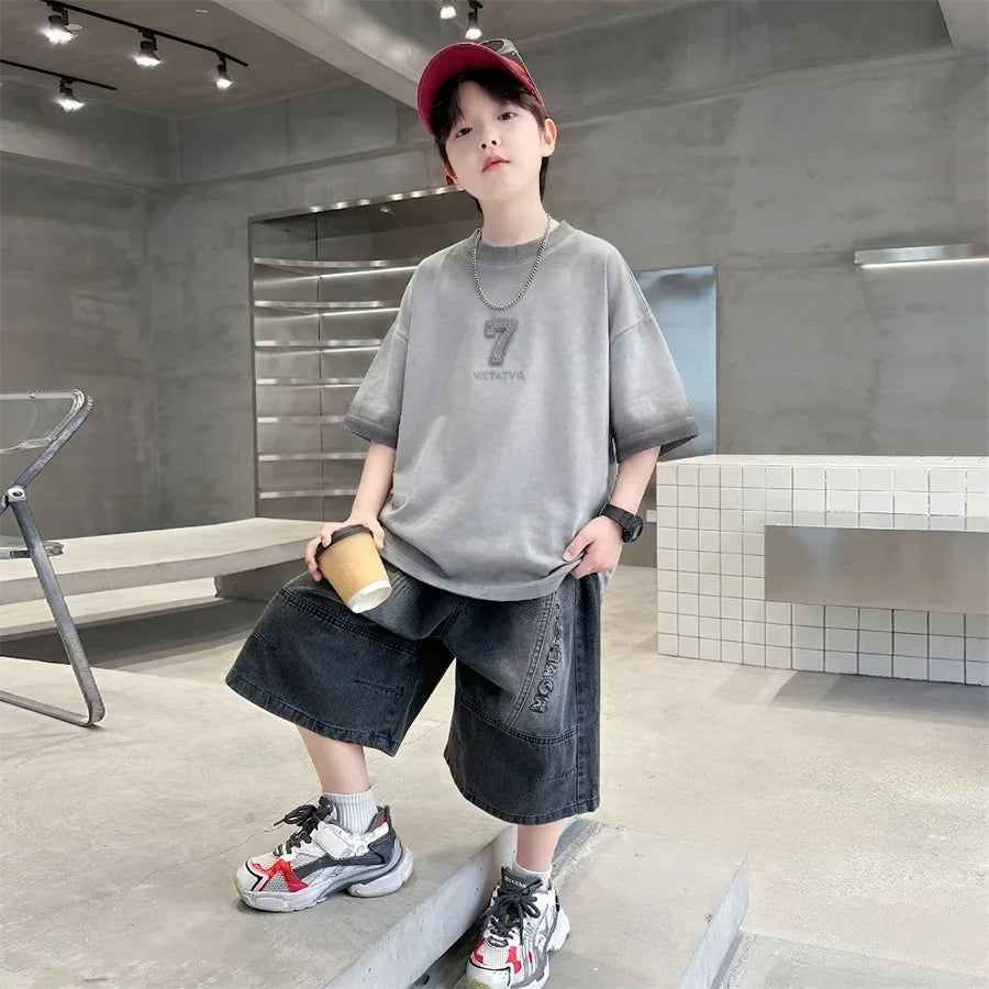 Luxurious Teen Boys Set For Child Elegant T-shirts + Denim Shorts 2PCS Clothes Set Summer Kids Luxury Clothing Set Age 6 To 16 Y