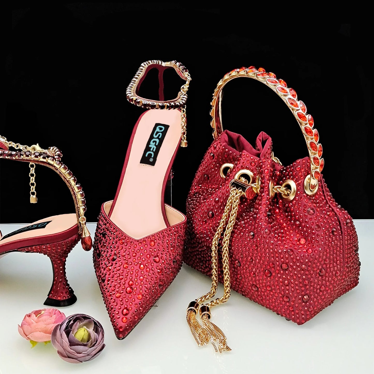 New Gold Glitter Fabric Pointed Toe High Heels With A Variety Of Shapes Of Rhinestones Fashion Party Ladies Shoes And Bag