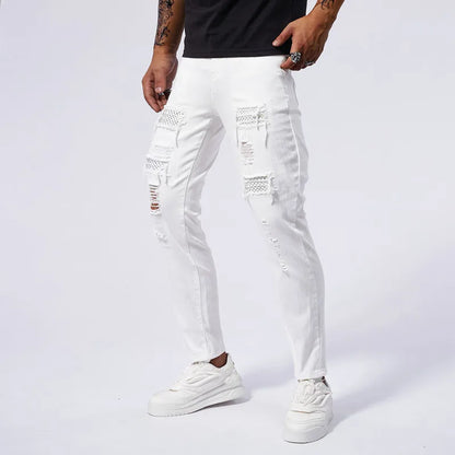 White Jeans Men's Cotton Skinny Elastic Ripped Hole Fashion Korean Denim Pants Rock Slim Trousers Hip-hop Streetwear