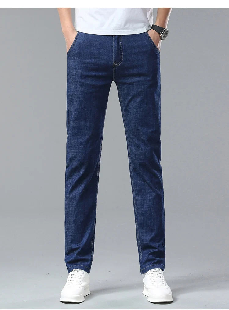 Light Blue Classic Business Casual Cotton Pants Fashion Breathable Denim Elastic Trousers Brand Men's Clothing Straight Jeans