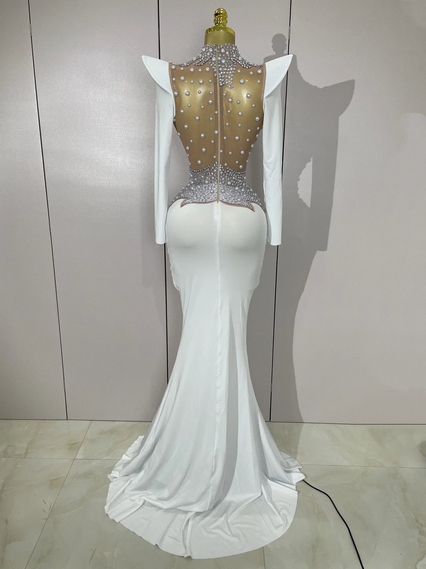 Luxury Sparkly Diamonds Pearl White See Through Mesh Long Dress Women Wedding Evening Party Stage Performance Photoshoot Dress