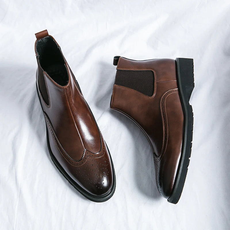Luxury Men Brogue Boots Men's Ankle Boots High Quality Mens Chelsea Boots Slip on Oxford Formal Business Shoes Plus Size 38-46